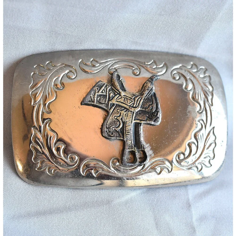 Vintage Belt Buckle‎ Horse Saddle Filigree Stamped Engraved Etched Western USA